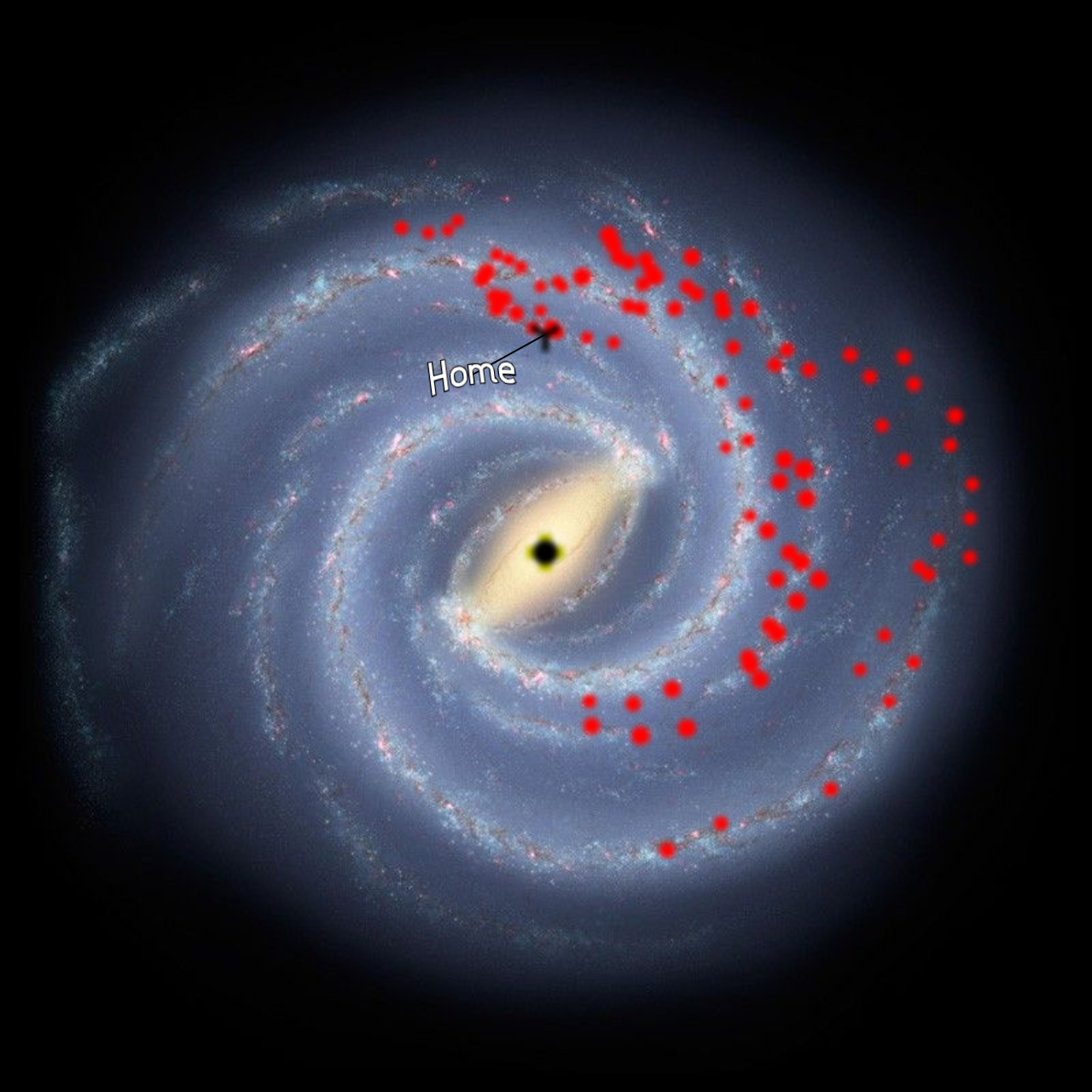 A scatter plot featuring hydrogen clouds overlaid on a render of the Milky Way galaxy.